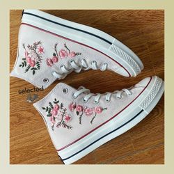 pink floral embroidered shoes, rose flower embroidered converse, converse custom, converse wreath flower, custom flower