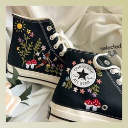 tiny flower embroidery converse, mushroom shoes, embroidered flower shoes, fairy and flower embroidered, flowers garden