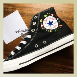 universe and star embroidery, converse embroidered flower, converse high top customized, embroidered rockets and astrona