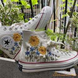 custom converse chuck taylor  flowers embroidered sneaker, wedding flowers embroidered convesre, sunflower embroidered c