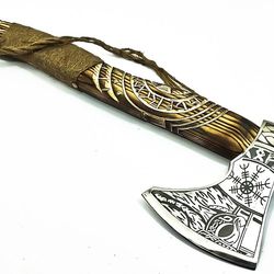 handmade rare art carbon steel blade viking throwing axe - carved ashwood handle