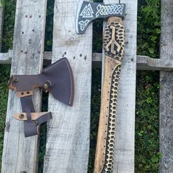 handmade rare art carbon steel blade viking throwing axe - carved ashwood handle