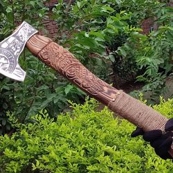 handmade rare art carbon steel blade viking throwing axe - carved ashwood handle