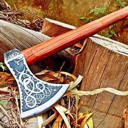 handmade rare art carbon steel blade viking throwing axe - carved ashwood handle