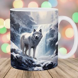 snow wolf mug, 11oz 15oz mug, winter mug design