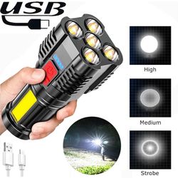 waterproof usb rechargeable flashlight: 5 leds spotlight with 4 lighting modes | portable outdoor cob flood light