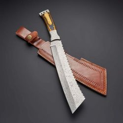 custom hand forged handmade damascus steel camping machete,hunting knife/sheath