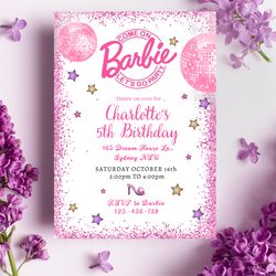 barbie birthday invitation download for print or text 5x7, editable digital barbie printable invite templa