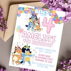 bluey birthday invitation download for print or text 5x7, editable digital bluey and family printable invite templa