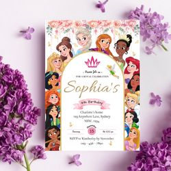 disney princess floral birthday invitation download for print or text 5x7, editable digital printable invite template