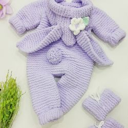 newborn handmade lilac flower buckle long eared  long sleeve long legged cute rabbit romper coming home wear baby girl /