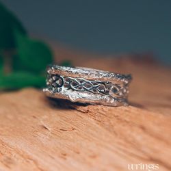 wide shiny silver celtic wedding band vintage style sterling tree bark and celtic knot ring