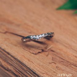 thin stackable curved chevron wedding band shiny cz diamonds on a tree branch - tiny silver wishbone ring for women