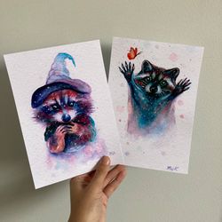 set of 2 small raccoon watercolor prints, whimsical watercolor posters, raccoon art, cottagecore decor, 6 by 8 in print