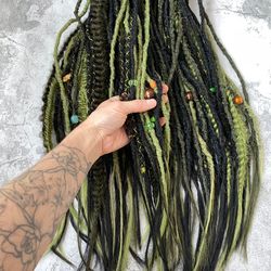 black and forest green double ended synthetic dreadlocks, ready to ship