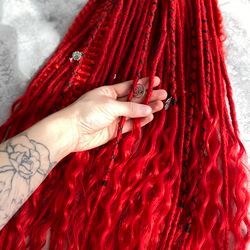 red synthetic curly double ended dreadlocks, ready to ship