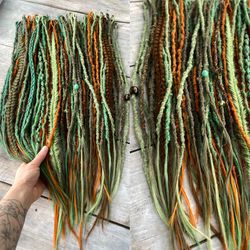 ginger and green boho synthetic single ended dreadlocks, ready to ship