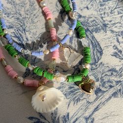 shop vibrant beach and summer necklaces/chokers: green, pink, and blue with seashells, pearls, and hearts, beach chokers