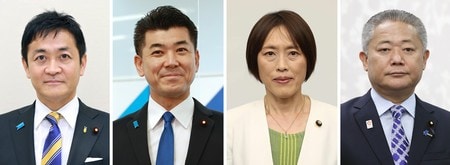 野党４党首。（左から）国民民主党の玉木雄一郎代表、立憲民主党の泉健太代表、共産党の田村智子委員長、日本維新の会の馬場伸幸代表