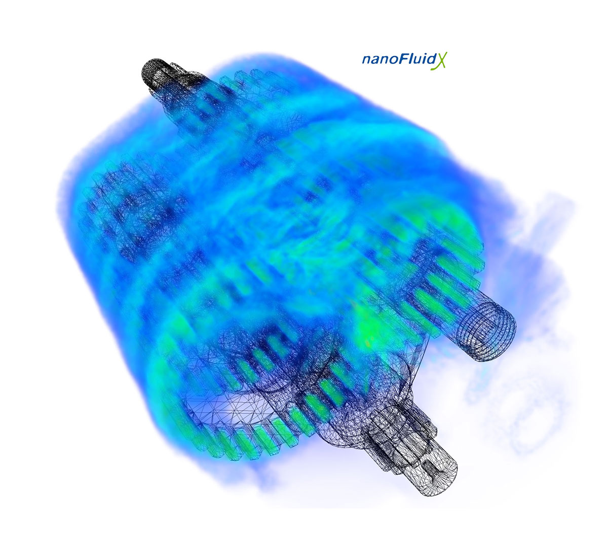 Computer visualization of airflow through an engine.