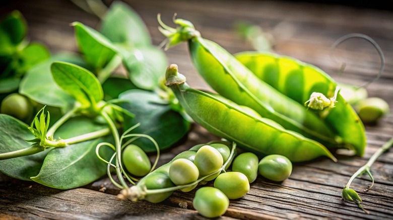 Fresh peas on a wooden table