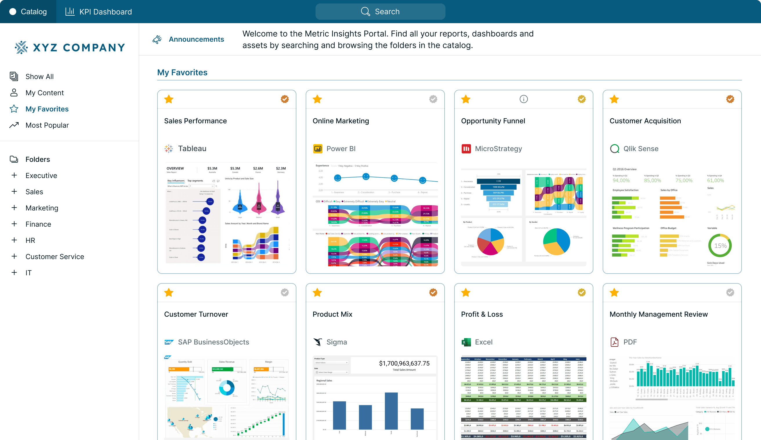 Business Intelligence Portal featuring sales, marketing, and customer analytics dashboards across multiple BI platforms