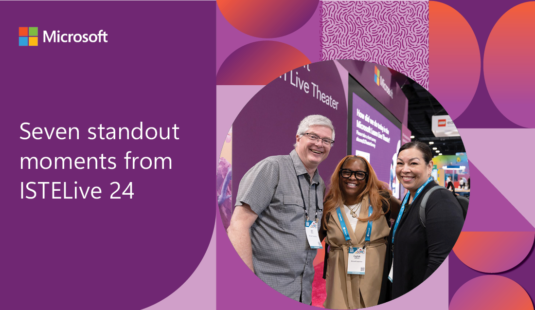 Decorative. Three people at a conference looking at the camera and smiling, with magenta and orange graphics framing the photo.