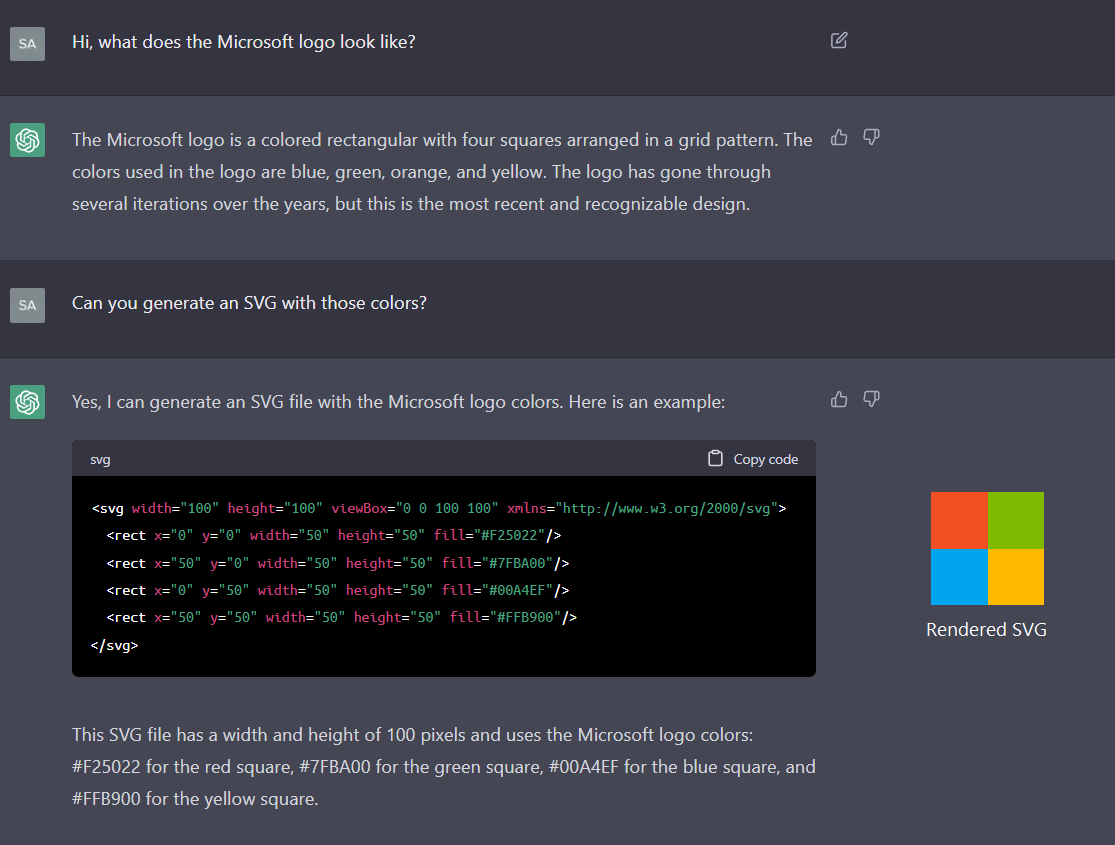 Excerpt from ChatGPT conversation where it recalls the Microsoft logo from its knowledge base and draws it using SVG code.