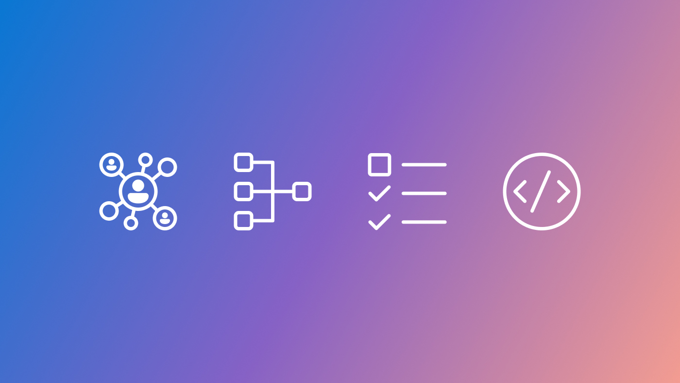 AutoGen: White icons representing (from left to right) agents (multi), workflow, tasks, and coding on a blue to purple to pink gradient background.