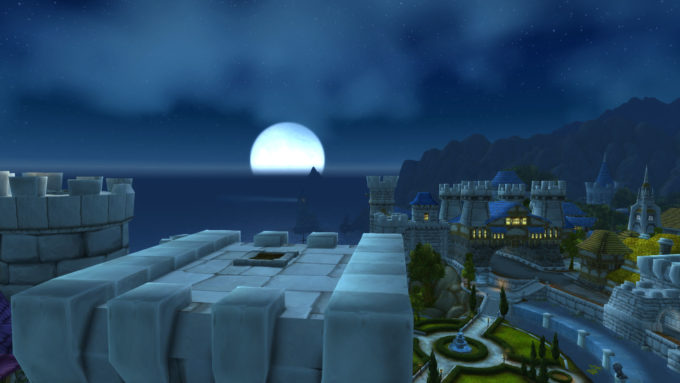 The moon rising over Stormwind in World of Warcraft