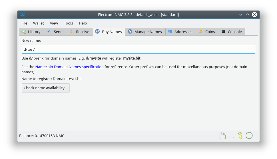 A screenshot of entering a name on the Electrum-NMC Buy Names tab.