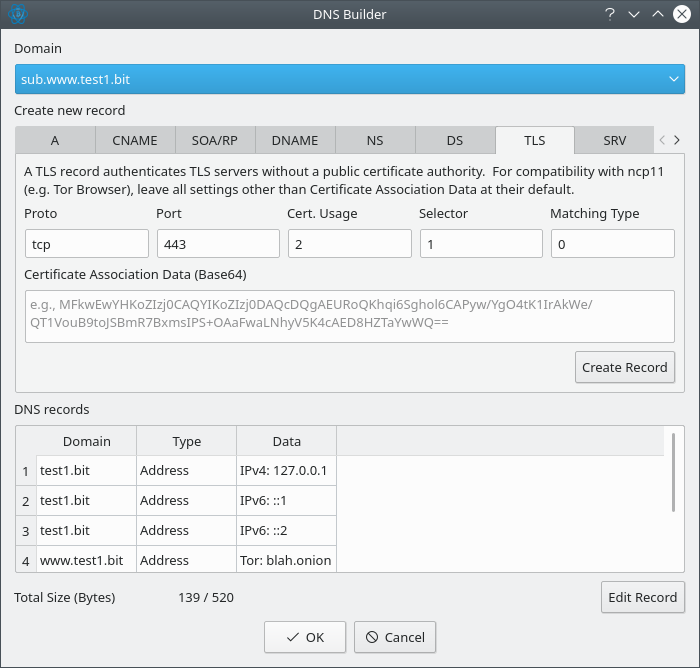 A screenshot of the DNS builder for Electrum-NMC.