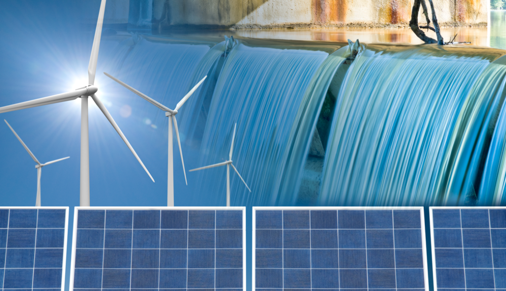 Waterfall, wind turbine and solar panels