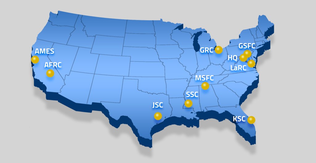 USA map with NASA Center locations