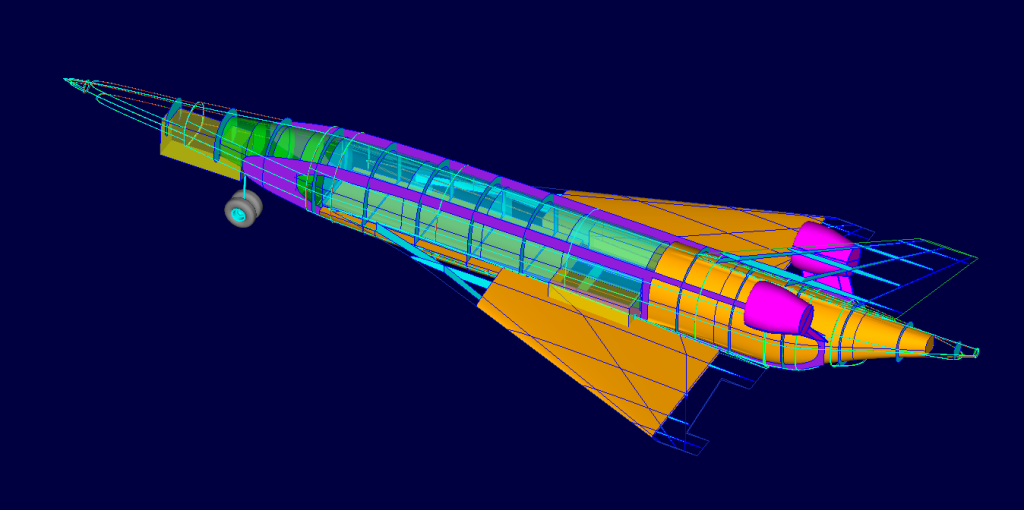 A wireframe image of an aircraft being designed.