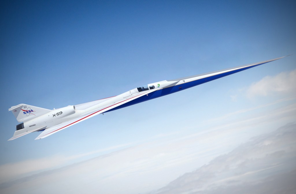 Artist illustration of the X-59 Quiet SuperSonic Technology aircraft in flight.