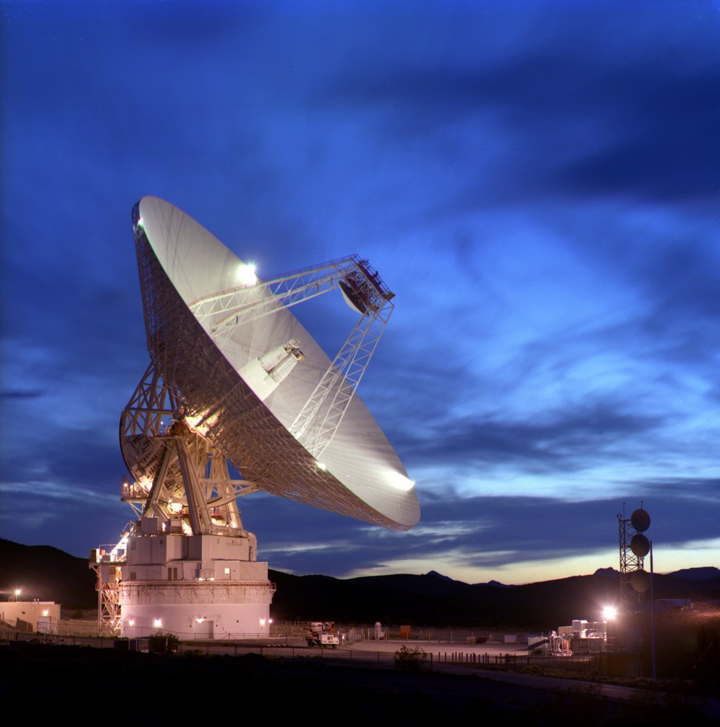 A 230-foot-wide antenna at Goldstone Deep Space Communications Complex in Barstow, California.