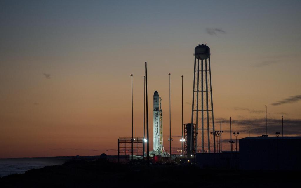 The Northrop Grumman Antares rocket, with Cygnus resupply spacecraft onboard, is seen on Pad-0A at sunset, Friday, Nov. 16, 2018 at NASA's Wallops Flight Facility in Virginia.