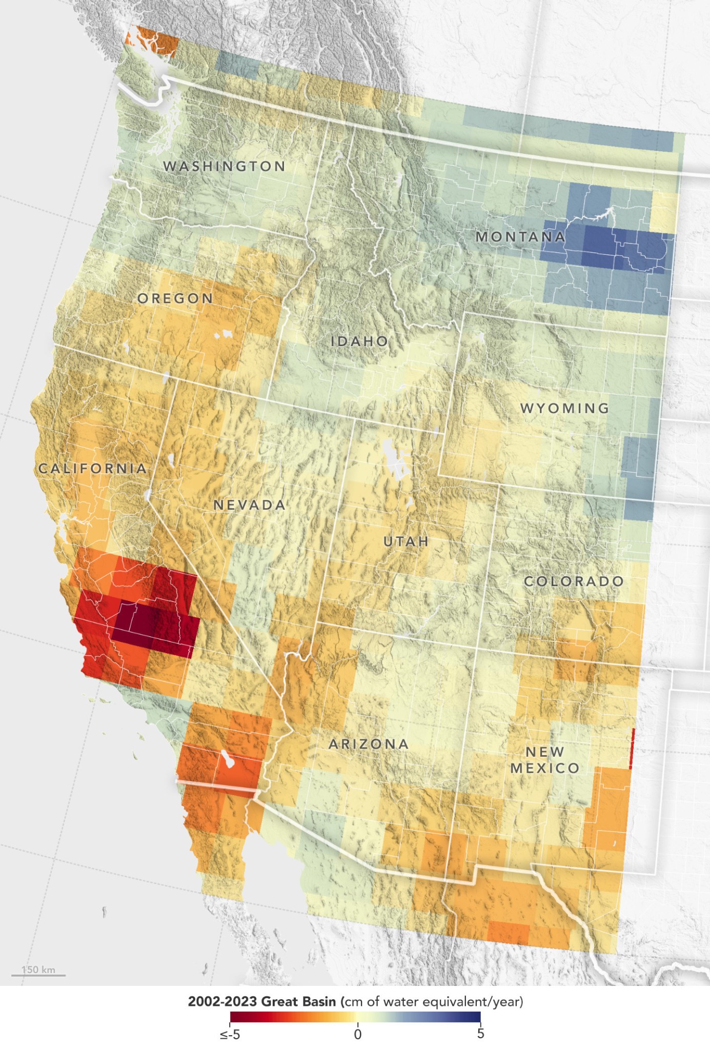 This is a map of the western United States. Blocks over the souther portion of California are colored in shades of red to indicate the decline in groundwater levels in the regions since 2002.