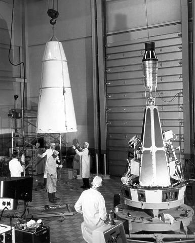 Block I Ranger 1 spacecraft under assembly at NASA’s Jet Propulsion Laboratory (JPL) in Pasadena, California