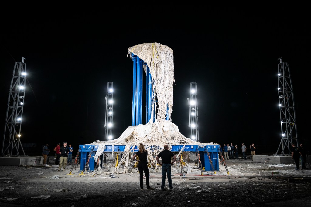 A photograph showing Sierra Space’s LIFE habitat following a full-scale ultimate burst pressure test at NASA’s Marshall Space Flight Center in Huntsville, Alabama