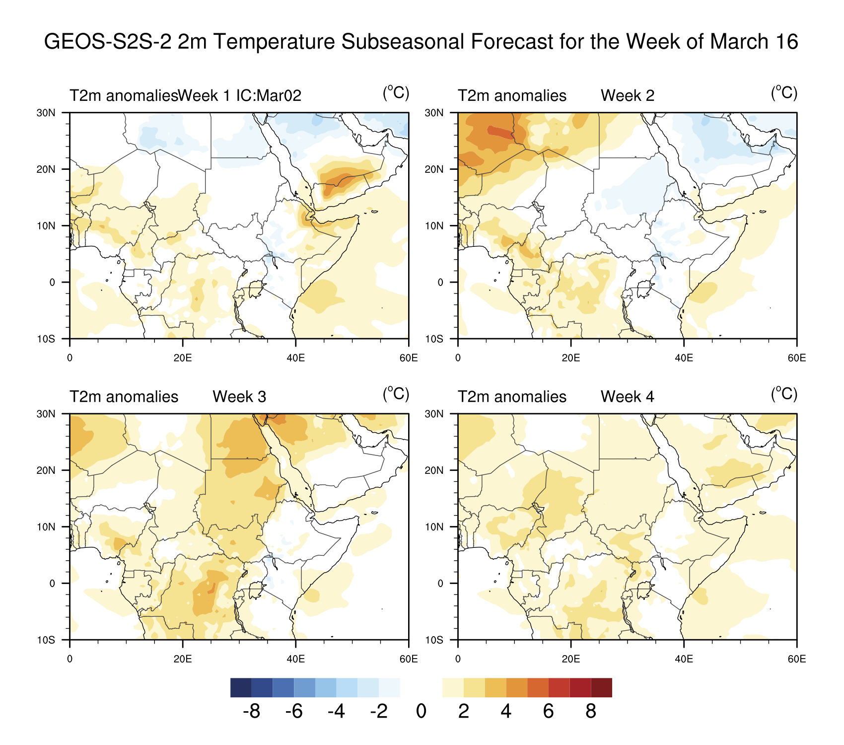 Visualization of weekly subseasonal GEOS-S2S-2 model forecast for 2m temperature in March 2024