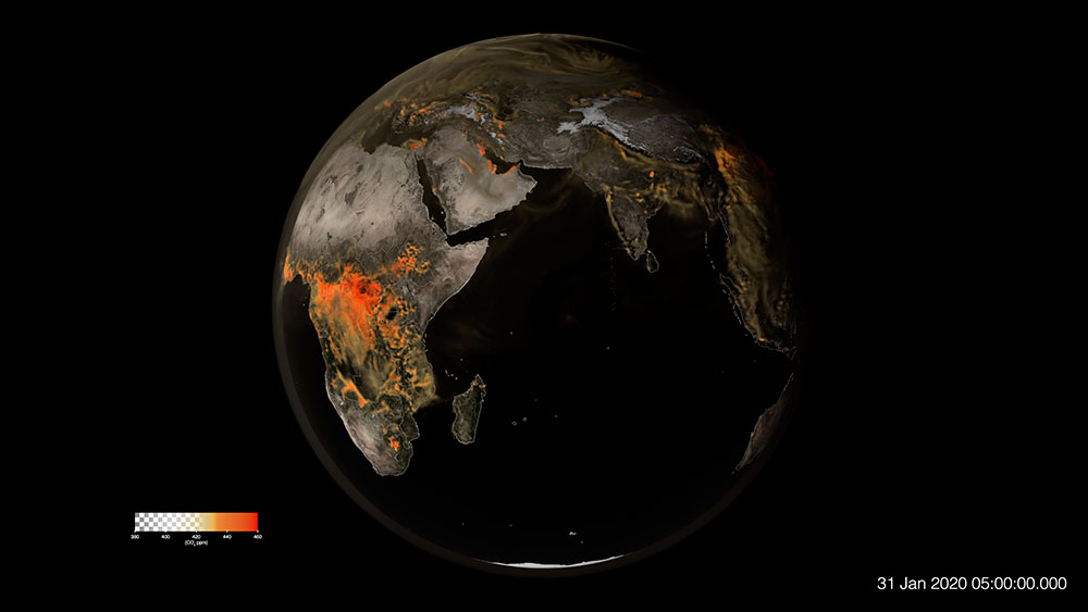 Map showing global carbon dioxide in parts per million