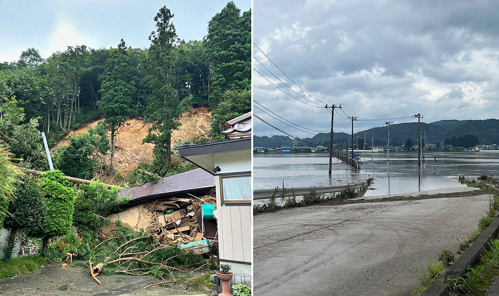 写真：山形県最上郡鮭川村での大雨による被害の様子（写真提供：DRT YAMAGATA）。 土砂崩れにより倒壊した家屋の様子（写真左）、氾濫した河川の様子（写真右）