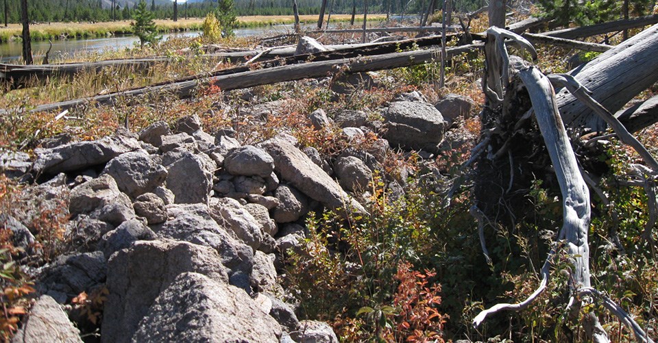 Stones piled in a rock formation in a forested area.