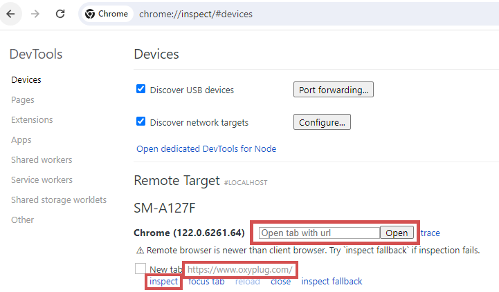 Connected Android device model on desktop chrome ready for remote debugging