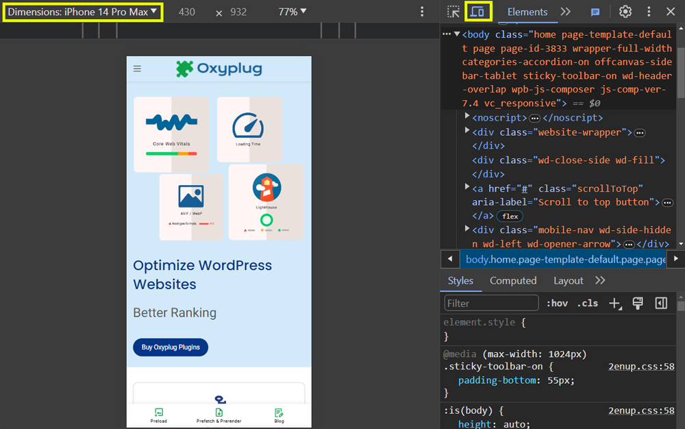 Google Chrome DevTools mobile simulator