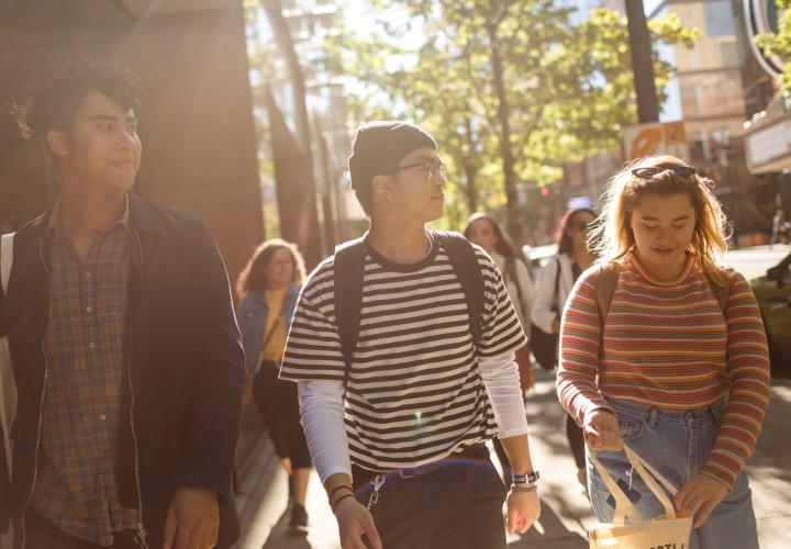 students walking downtown