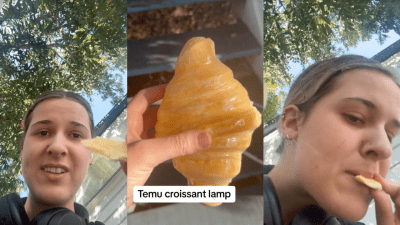 Pls Pray For This TikToker Who Took A Bite Of A Temu Croissant Lamp To Confirm It Was Pastry