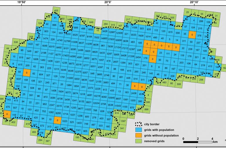 1 × 1 km grid cells with population data